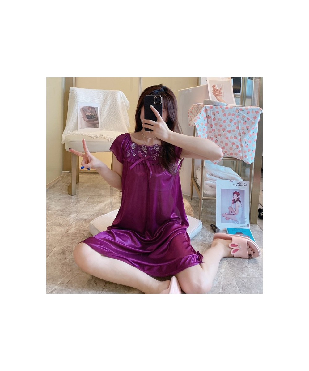 Women Short Sleeve Ice Silk Nightdress Summer Thin Lace Embroider Nightgown Female Square Neck Solid Home Sleepwear $19.52 - ...