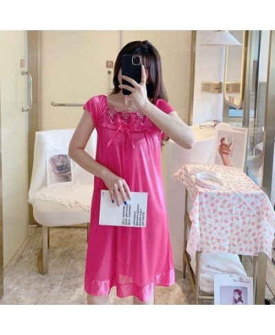 Women Short Sleeve Ice Silk Nightdress Summer Thin Lace Embroider Nightgown Female Square Neck Solid Home Sleepwear $19.52 - ...