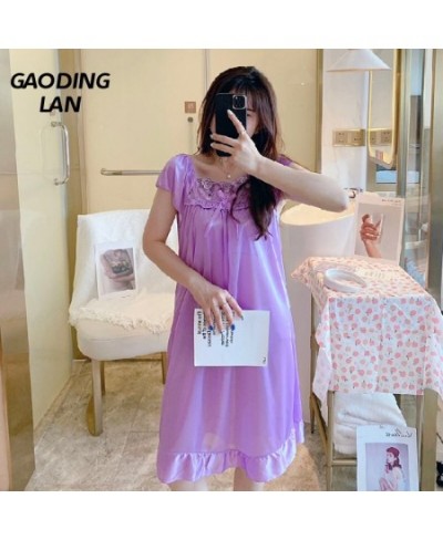 Women Short Sleeve Ice Silk Nightdress Summer Thin Lace Embroider Nightgown Female Square Neck Solid Home Sleepwear $19.52 - ...