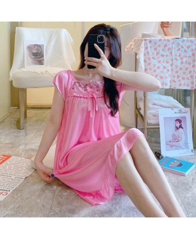 Women Short Sleeve Ice Silk Nightdress Summer Thin Lace Embroider Nightgown Female Square Neck Solid Home Sleepwear $19.52 - ...