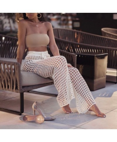 Summer Women See Through Boho Wide Leg High Waist Trousers Beach Long Loose Mesh Sheer Pants Crochet Hollow Out Women Pants $...