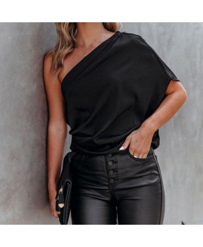 Smooth Satin Women Top Loose Sexy One Shoulder Half Sleeve Elegant Sleeveless Pullover Sexy Summer Blouse Female Clothing $26...