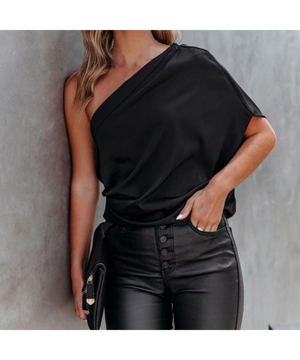 Smooth Satin Women Top Loose Sexy One Shoulder Half Sleeve Elegant Sleeveless Pullover Sexy Summer Blouse Female Clothing $26...