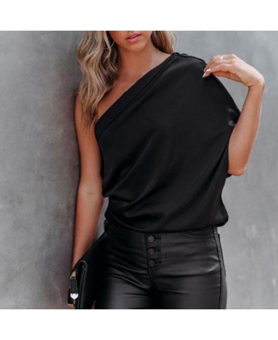 Smooth Satin Women Top Loose Sexy One Shoulder Half Sleeve Elegant Sleeveless Pullover Sexy Summer Blouse Female Clothing $26...