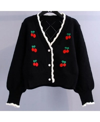 Autumn Sweet Cherry Knit Cardigans Women 2022 Button Up V Neck Sweaters Woman High Street Patchwork Cardigan Mujer Ins $28.43...