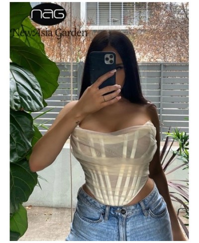 Sexy Corset Top Women Sleeveless Off Shoulder Female Boned Cropped Streetwear Bustier Mesh Crop Top White $30.90 - Tops & Tees