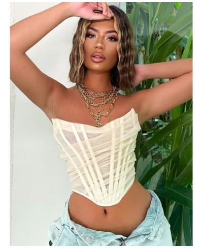 Sexy Corset Top Women Sleeveless Off Shoulder Female Boned Cropped Streetwear Bustier Mesh Crop Top White $30.90 - Tops & Tees