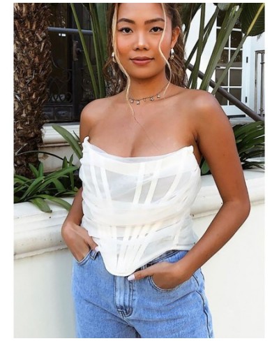 Sexy Corset Top Women Sleeveless Off Shoulder Female Boned Cropped Streetwear Bustier Mesh Crop Top White $30.90 - Tops & Tees