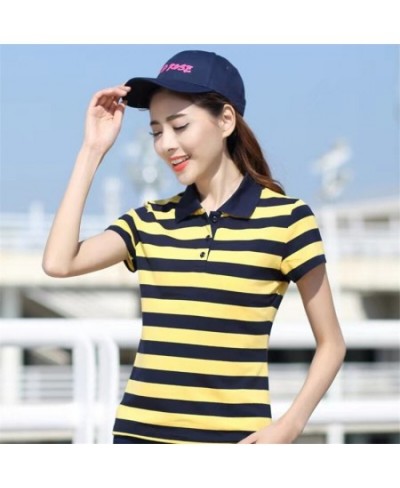 Summer Womens Polo Shirts 94%Cotton Short Sleeve T'Shirt Female Breathable Striped Tops Tees Fashion Korean Lady Tennis Tops ...