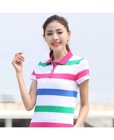 Summer Womens Polo Shirts 94%Cotton Short Sleeve T'Shirt Female Breathable Striped Tops Tees Fashion Korean Lady Tennis Tops ...