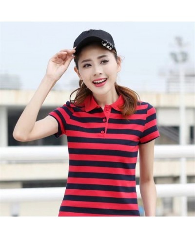 Summer Womens Polo Shirts 94%Cotton Short Sleeve T'Shirt Female Breathable Striped Tops Tees Fashion Korean Lady Tennis Tops ...