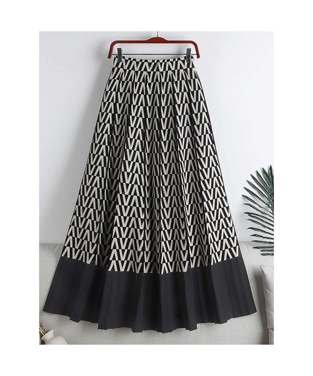 Women Knitted Long Skirt 2022 Autumn Winter y2k Fashion Geometric Print A Line High Waist Pleated Midi Skirt Female Lady $43....