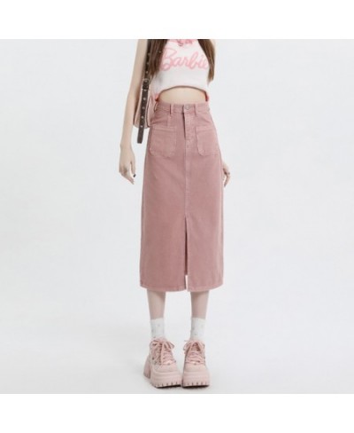 Denim Skirts for Women 2023 New Fashion Spring Vintage High Waisted Pink Skirt Chic Casual Straight Split Midi Skirt $60.98 -...