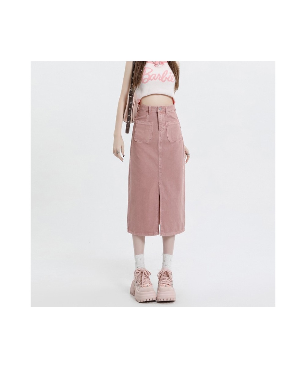 Denim Skirts for Women 2023 New Fashion Spring Vintage High Waisted Pink Skirt Chic Casual Straight Split Midi Skirt $60.98 -...