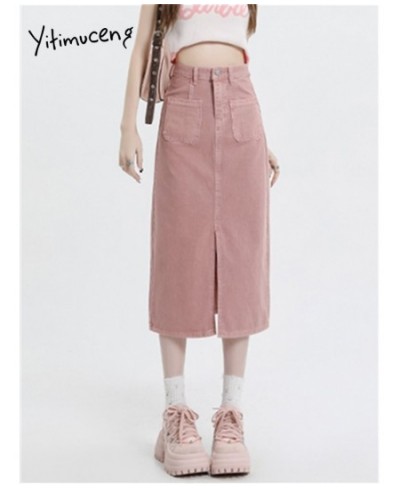 Denim Skirts for Women 2023 New Fashion Spring Vintage High Waisted Pink Skirt Chic Casual Straight Split Midi Skirt $60.98 -...