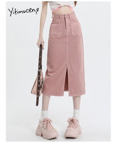 Denim Skirts for Women 2023 New Fashion Spring Vintage High Waisted Pink Skirt Chic Casual Straight Split Midi Skirt $60.98 -...