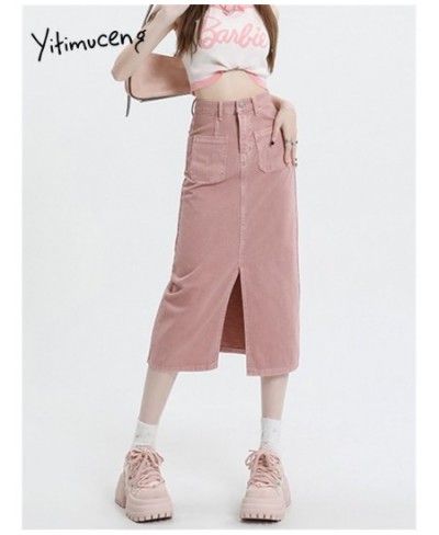 Denim Skirts for Women 2023 New Fashion Spring Vintage High Waisted Pink Skirt Chic Casual Straight Split Midi Skirt $60.98 -...