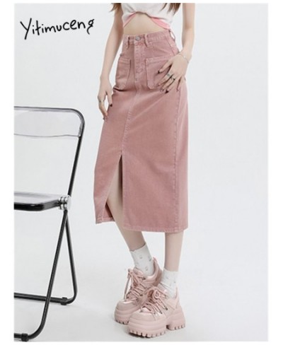 Denim Skirts for Women 2023 New Fashion Spring Vintage High Waisted Pink Skirt Chic Casual Straight Split Midi Skirt $60.98 -...