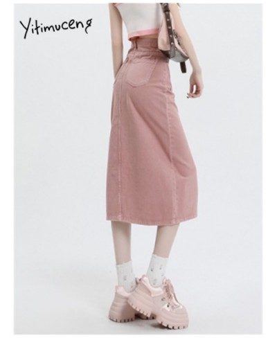 Denim Skirts for Women 2023 New Fashion Spring Vintage High Waisted Pink Skirt Chic Casual Straight Split Midi Skirt $60.98 -...