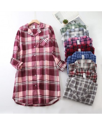 2023 Spring Autumn Women Casual Plaid Sleep dress Ladies 100%Cotton Nightgown Female Long sleeve Turn-down collar sleepshirts...