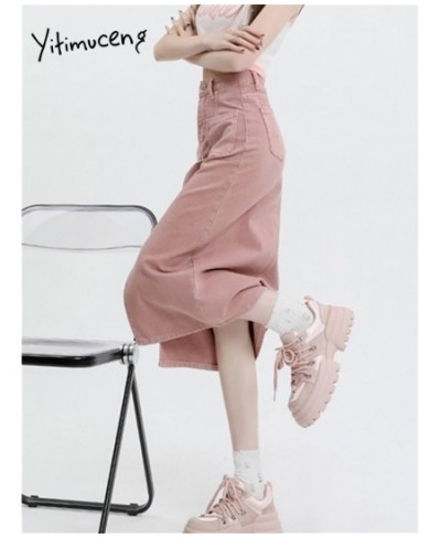 Denim Skirts for Women 2023 New Fashion Spring Vintage High Waisted Pink Skirt Chic Casual Straight Split Midi Skirt $60.98 -...