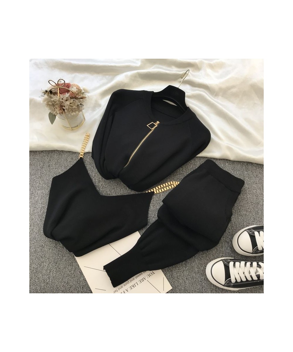 2023 New Spring Knitting 3 Piece Set Zipper Jacket Long Sleeve Cardigans Sexy Vest Tank Top Pants Solid Casual Tracksuits Wom...