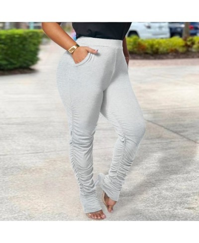 Spring Autumn Plus Size Female Clothing Elastic Waist Solid Color Trousers Patchwork Pockets Shirring Slim Micro Flare Pants ...