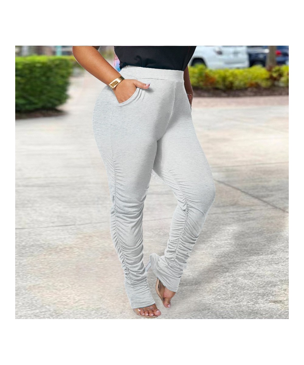 Spring Autumn Plus Size Female Clothing Elastic Waist Solid Color Trousers Patchwork Pockets Shirring Slim Micro Flare Pants ...