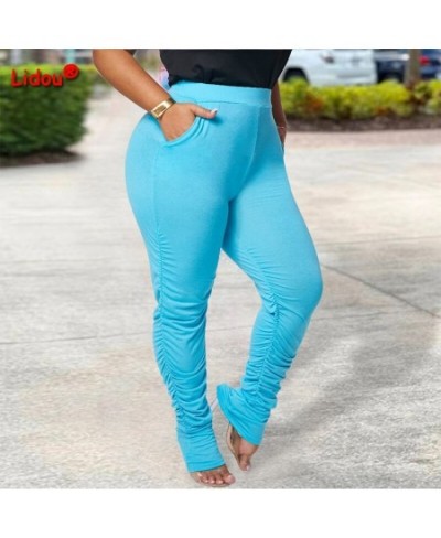 Spring Autumn Plus Size Female Clothing Elastic Waist Solid Color Trousers Patchwork Pockets Shirring Slim Micro Flare Pants ...