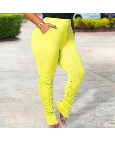 Spring Autumn Plus Size Female Clothing Elastic Waist Solid Color Trousers Patchwork Pockets Shirring Slim Micro Flare Pants ...