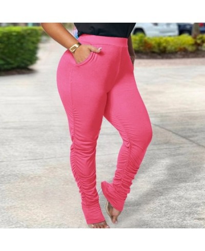 Spring Autumn Plus Size Female Clothing Elastic Waist Solid Color Trousers Patchwork Pockets Shirring Slim Micro Flare Pants ...