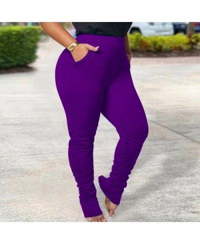 Spring Autumn Plus Size Female Clothing Elastic Waist Solid Color Trousers Patchwork Pockets Shirring Slim Micro Flare Pants ...