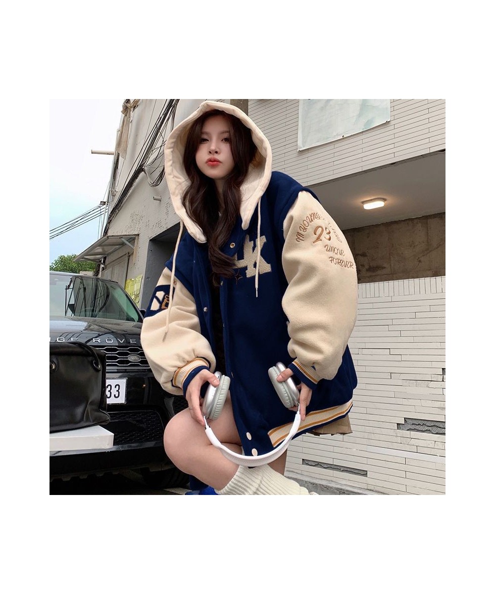 2023 Street Fashion Letter Embroidery Hooded Jackets Coat Women Y2K Harajuku Style Retro Loose Baseball Uniform $50.06 - Jack...