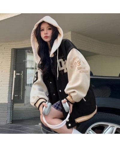 2023 Street Fashion Letter Embroidery Hooded Jackets Coat Women Y2K Harajuku Style Retro Loose Baseball Uniform $50.06 - Jack...