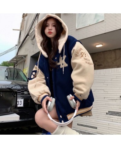 2023 Street Fashion Letter Embroidery Hooded Jackets Coat Women Y2K Harajuku Style Retro Loose Baseball Uniform $50.06 - Jack...