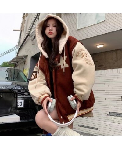 2023 Street Fashion Letter Embroidery Hooded Jackets Coat Women Y2K Harajuku Style Retro Loose Baseball Uniform $50.06 - Jack...