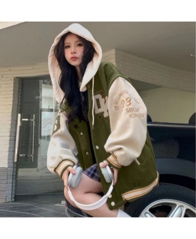 2023 Street Fashion Letter Embroidery Hooded Jackets Coat Women Y2K Harajuku Style Retro Loose Baseball Uniform $50.06 - Jack...