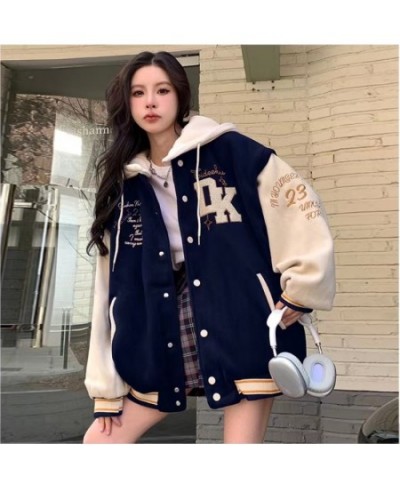 2023 Street Fashion Letter Embroidery Hooded Jackets Coat Women Y2K Harajuku Style Retro Loose Baseball Uniform $50.06 - Jack...