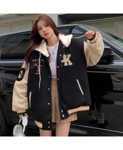 2023 Street Fashion Letter Embroidery Hooded Jackets Coat Women Y2K Harajuku Style Retro Loose Baseball Uniform $50.06 - Jack...