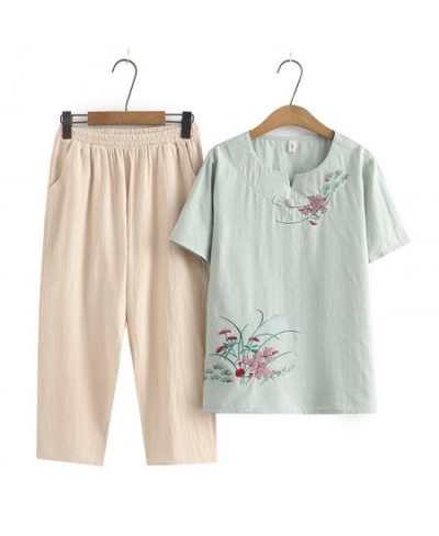 Plus Size Women's Sets 2023 Summer Chinese Style Button Flower Embroidery T-Shirt Loose Pants Two Piece Oversized Curve Cloth...