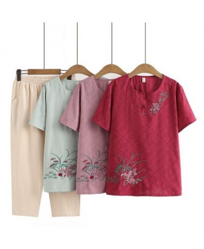 Plus Size Women's Sets 2023 Summer Chinese Style Button Flower Embroidery T-Shirt Loose Pants Two Piece Oversized Curve Cloth...