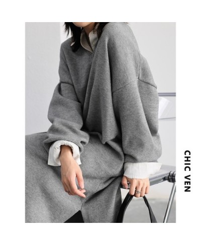 Women's Sweaters Korean Casual V-neck Slit Pullover Knitted Dress Woman Coat Long Female Jumpers Autumn Winter 2022 $100.85 -...