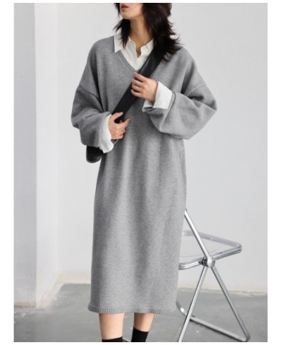 Women's Sweaters Korean Casual V-neck Slit Pullover Knitted Dress Woman Coat Long Female Jumpers Autumn Winter 2022 $100.85 -...