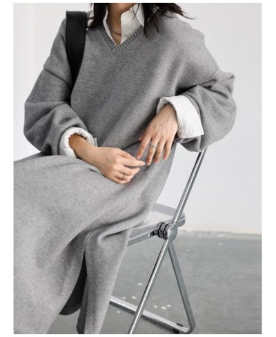 Women's Sweaters Korean Casual V-neck Slit Pullover Knitted Dress Woman Coat Long Female Jumpers Autumn Winter 2022 $100.85 -...