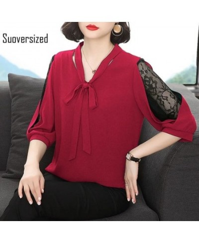 Casual Loose Oversized 6xl Tops Mom's Korean Half Sleeve Blouse Elegant Camisas Lace Hollow Out Bow Collar Chiffon Shirt Wome...