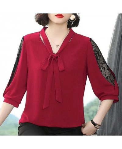 Casual Loose Oversized 6xl Tops Mom's Korean Half Sleeve Blouse Elegant Camisas Lace Hollow Out Bow Collar Chiffon Shirt Wome...