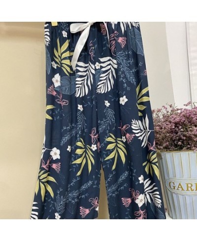 2022 NEW Sleep Bottom Thin Female Homewear Pants Floral Print Calf-length Pajamas Pants Wide-Leg Comfortable Elastic Pyjamas ...