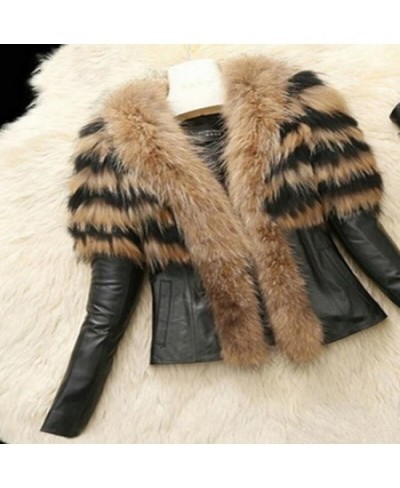 Imitation Raccoon Dog Fur Women's Fur Coat Autumn Winter Women's Faux Fur Coat Jacket Female Slim Fit PU Leather Fluffy Jacke...