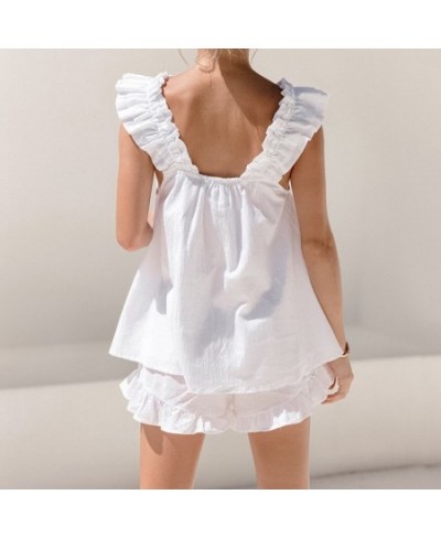 Women's Ruched New Sleepwear Cotton White Sleeveless Pajama Sexy Backless Summer Suit Solid Loose Nightwear 2022 $39.80 - Sle...