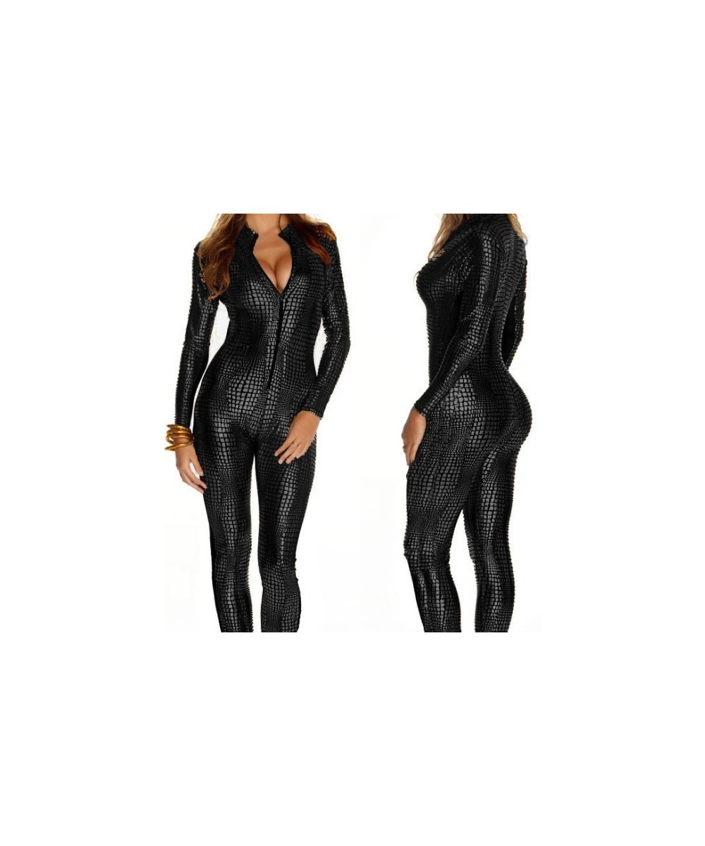 Sexy Black Wet Look Snake Jumpsuit PVC Latex Catsuit Nightclub DS Costumes Women Bodysuits Fetish Patent Leather Game Uniform...